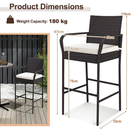 2/4 Pieces Outdoor PE Rattan Cushioned Barstool Set with Armrests-Set of 2