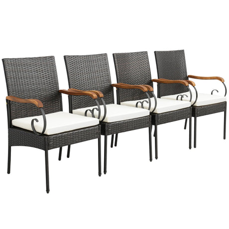 Set of 2/4 Outdoor PE Wicker Chair with Acacia Wood Armrests-Set of 2