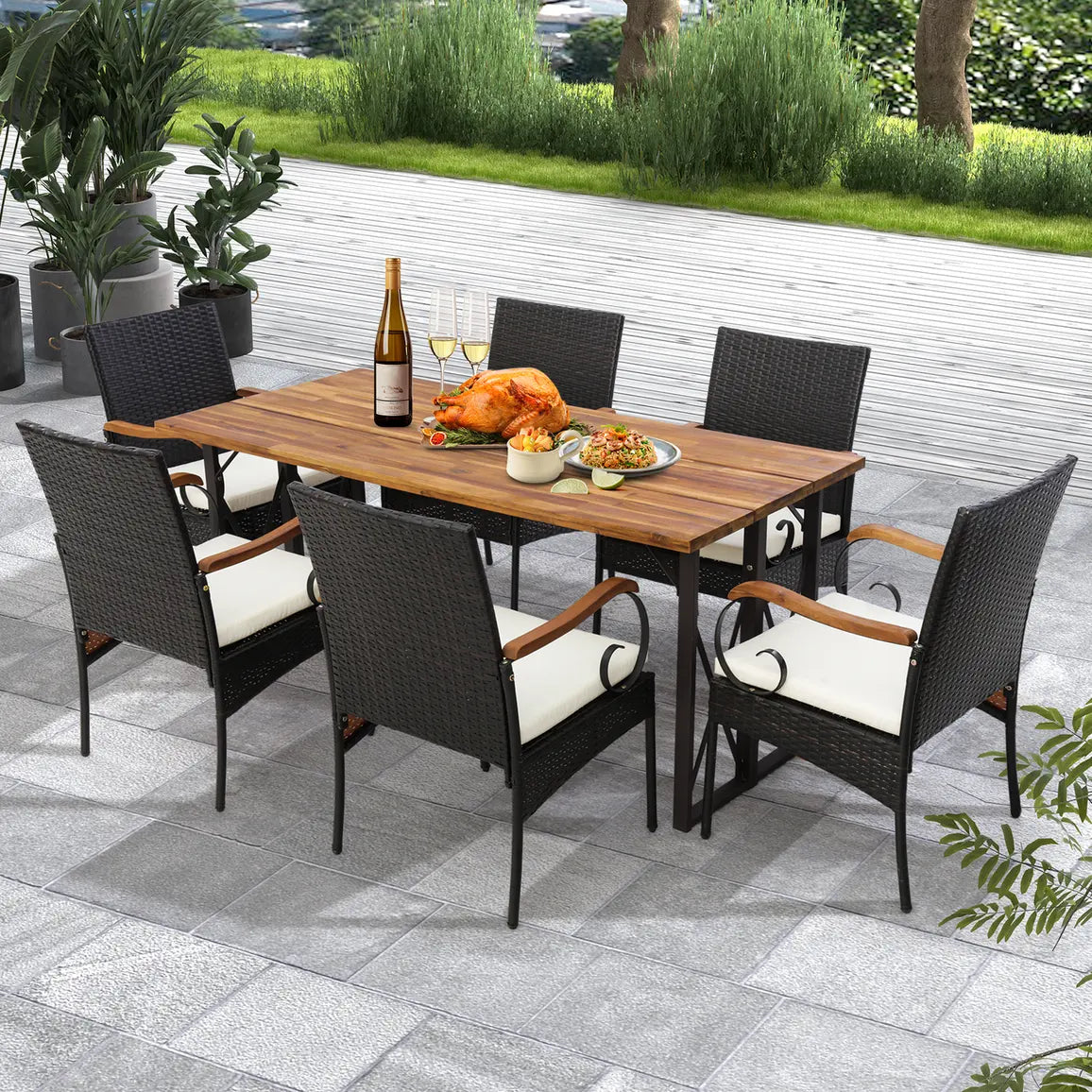 Set of 2/4 Outdoor PE Wicker Chair with Acacia Wood Armrests-Set of 2