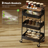 HOMCOM 3-Tier Kitchen Storage Trolley with on Wheels Cover Top Board - Rustic Brown and Black