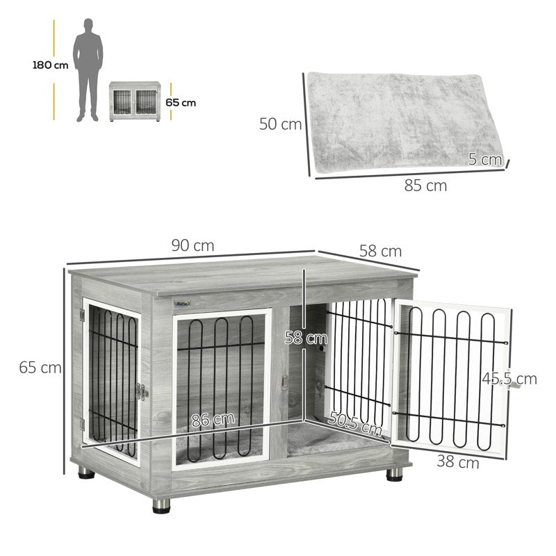 PawHut Dog Crate Furniture, Side End Table, Indoor Dog Kennel with Soft Washable Cushion, Wire Mesh, Large Top, for Medium and Large Dogs,90 x 58 x 65, Grey