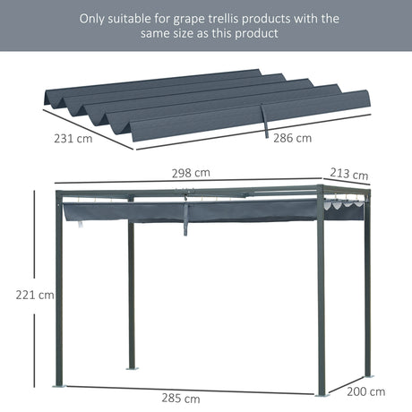 Outsunny Pergola Cover Roof, 2.86 x 2.45 m Retractable Sun Shade Top for 3 x 2m Pergola Frame, UV30+ Protected, Dark Grey