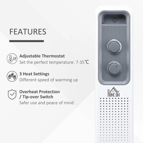 HOMCOM 2500W Oil Filled Radiator, 11 Fin, Portable Electric Heater with 3 Heat Settings, Safety Cut-Off and Wheels, White