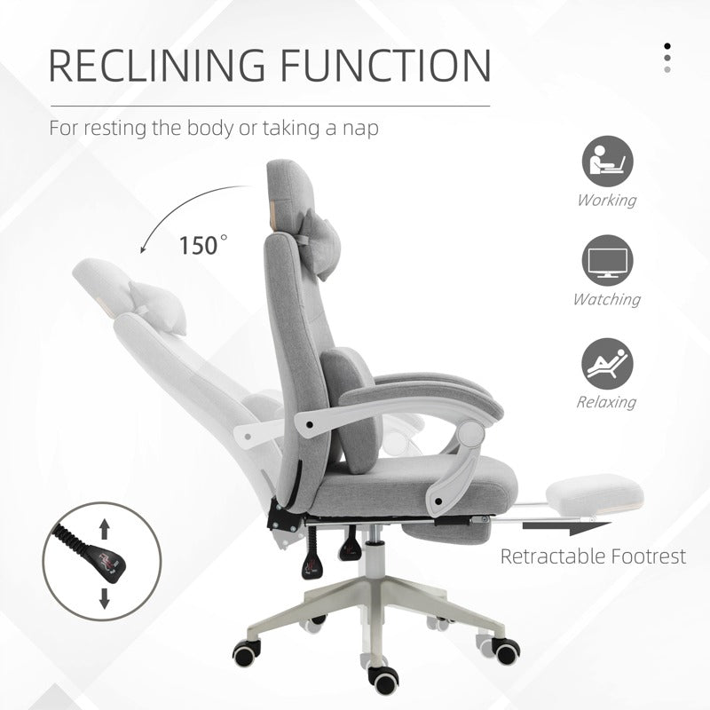 Vinsetto Office Chair, Ergonomic Desk Chair, High Back Fabric Work Chair with 160° Reclining Backrest, Retractable Footrest, Neck and Lumbar Pillow for Home and Study, Grey