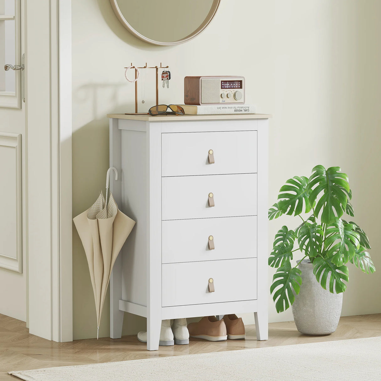 HOMCOM Bedroom Chest of Drawers, Modern 4 Drawer Dresser Cabinet with PU Leather Handles and Metal Runners for Living Room, Hallway, Entryway, White