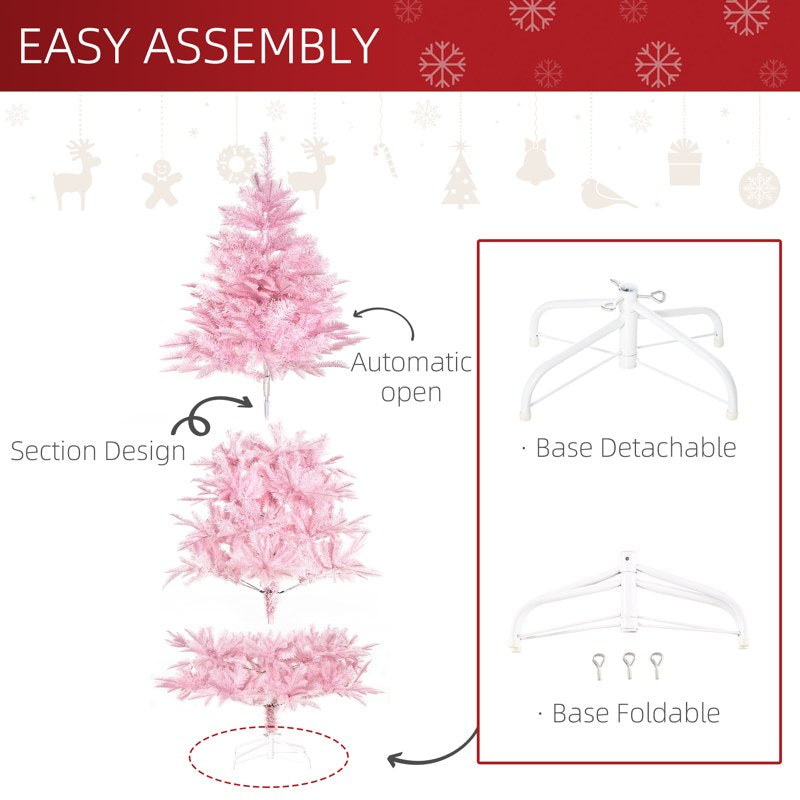 HOMCOM 6FT Artificial Christmas Tree Holiday Xmas Holiday Tree Decoration with Automatic Open for Home Party, Pink