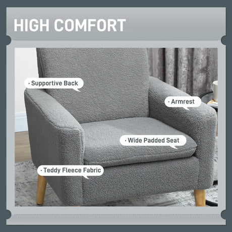 HOMCOM Armchair, Upholstered Accent Chair with Wood Legs and Wide Padded Seat, Teddy Occasional Chair, Grey