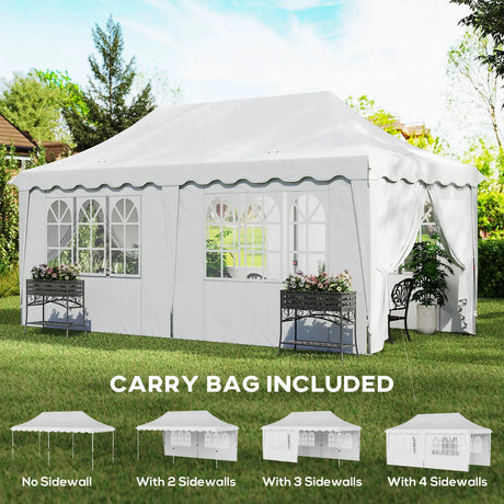 Outsunny 3 x 6m Pop Up Gazebo with Sides, UPF50+ Height Adjustable Marquee Party Tent, Wedding Canopy, Instant Event Shelter with Carry Bag and Sand Bags for Garden, White