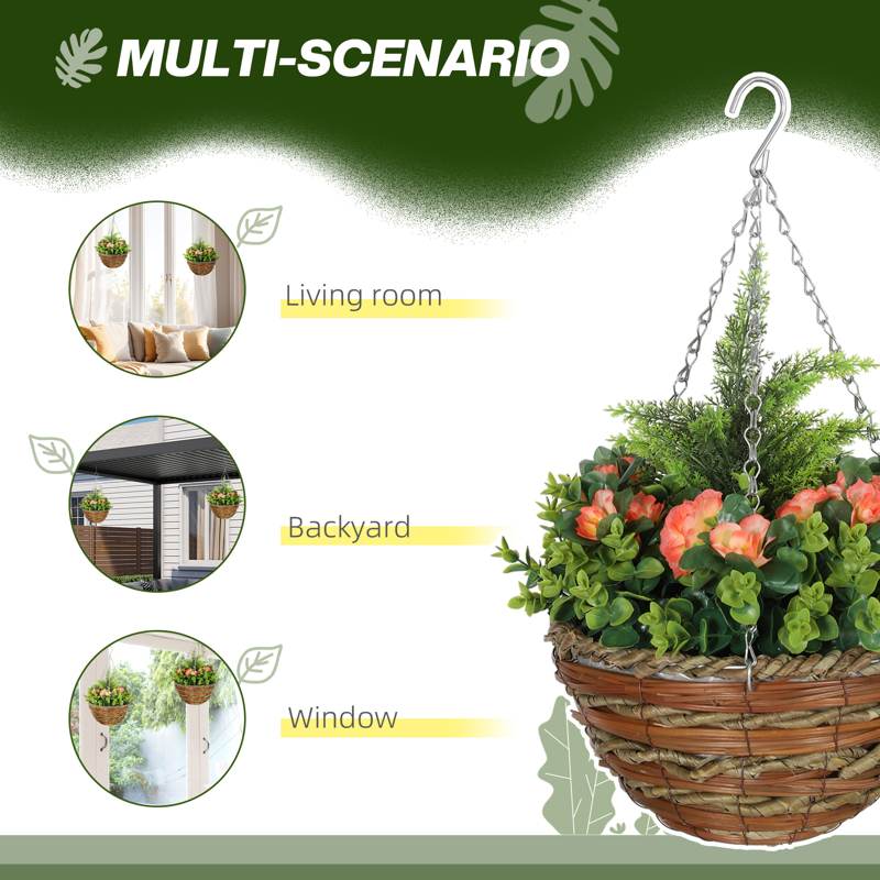 Outsunny Pack of 2 Faux Plant Artificial Lisianthus Flowers Hanging Planter with Basket for Indoor Outdoor Decoration, Orange