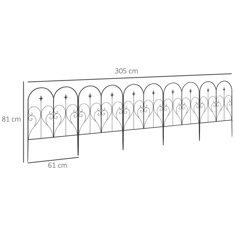 Outsunny Set of Five Decorative Heart Metal Fence Panels - Black