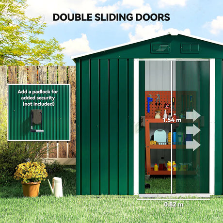 Outsunny Large Garden Storage Shed, 7.7 x 5.7 with Ventilation Slots and Sliding Doors for Gardeners, Green
