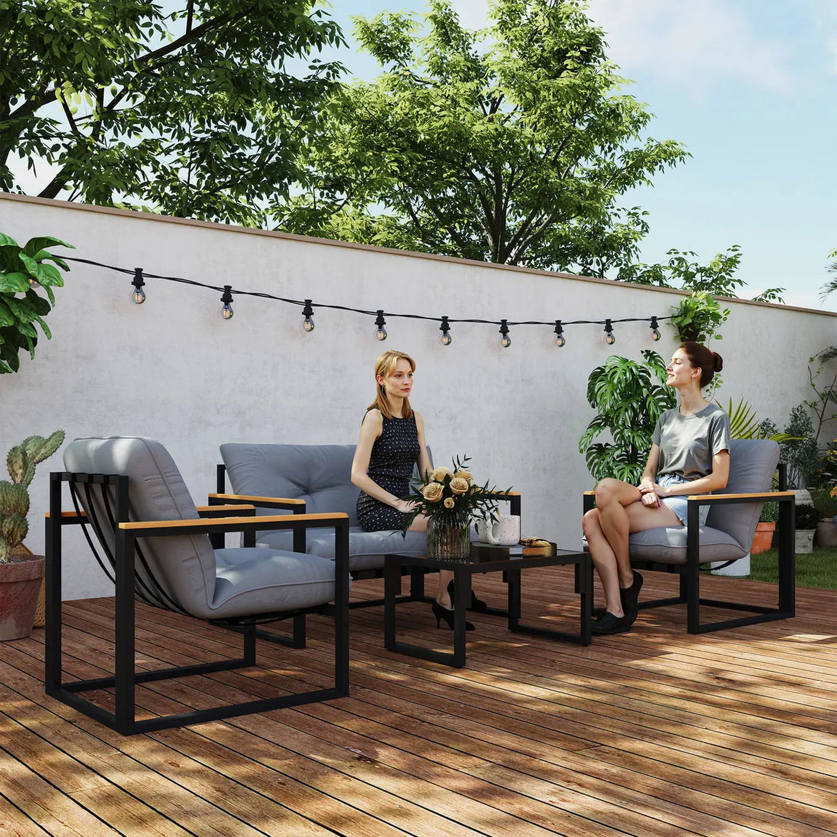 Outsunny Garden Furniture Set, 4 Piece Indoor Outdoor Conservatory with Loveseat Sofa, Armchairs, Glass Top Coffee Table, Cushions for Balcony, Poolside, Patio, Light Grey