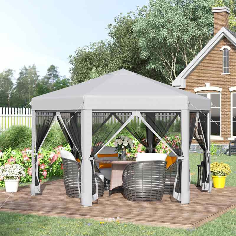 Outsunny 3.2m Pop Up Gazebo Hexagonal Canopy Tent Outdoor Sun Protection with Mesh Sidewalls, Handy Bag, Light Grey