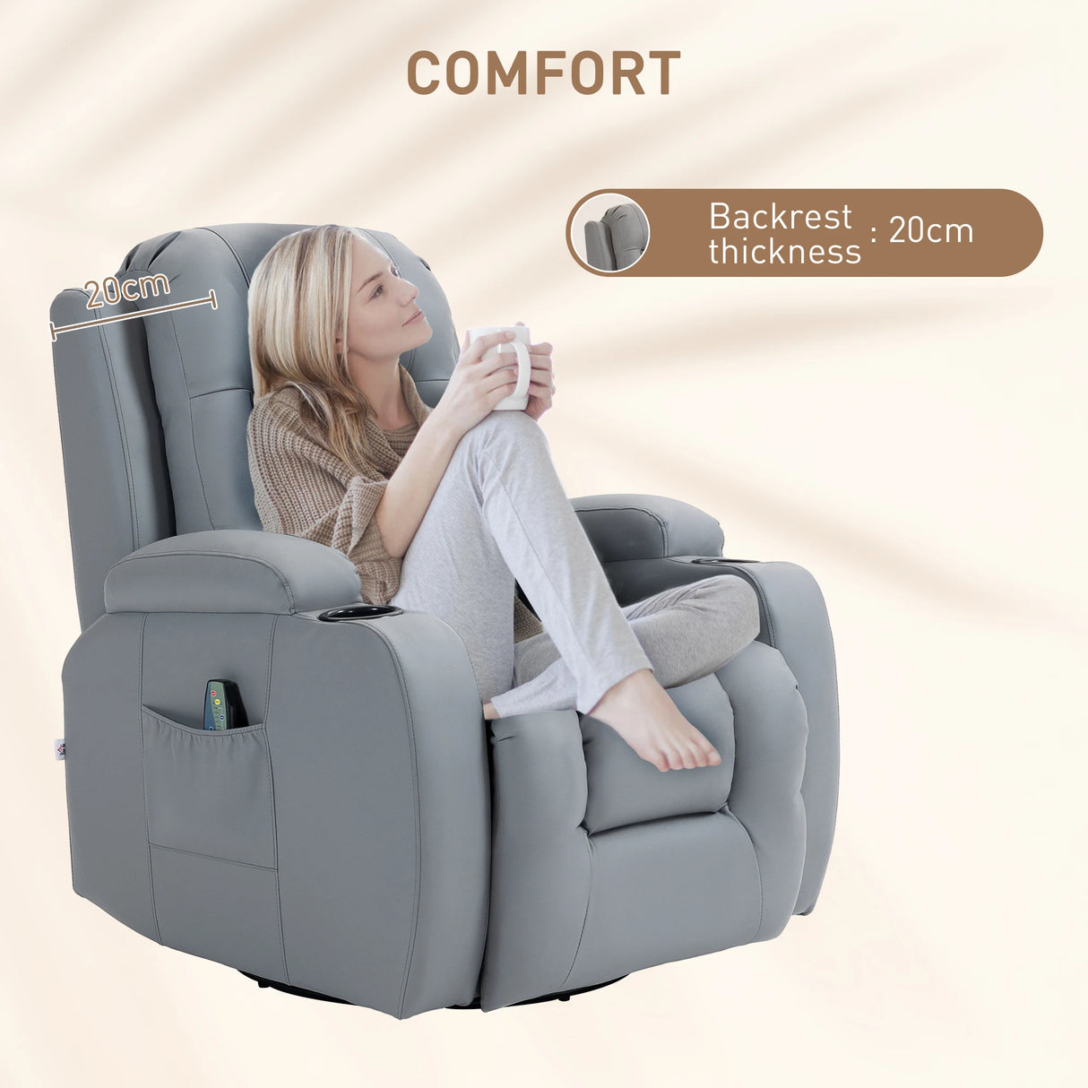 HOMCOM Massage Recliner Chair with 8 Vibration & Heat, PU Leather Recliner Armchair with Cup Holders and Side Pockets, Manual Reclining Chair with Remote, 360 Swivel, Rocking, Light Grey