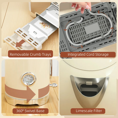 HOMCOM Retro Toaster and Kettle Set - Cream