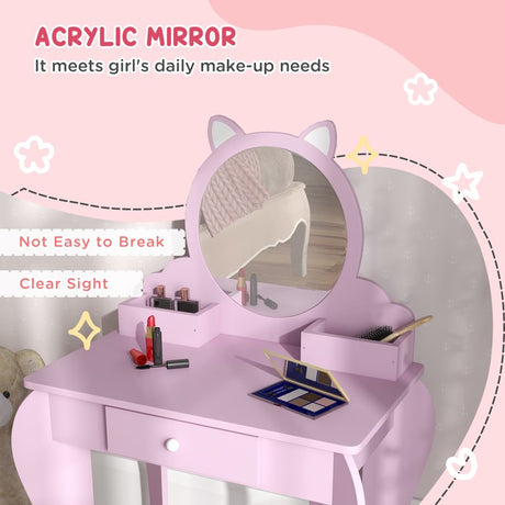 ZONEKIZ Kids Vanity Table with Mirror, Stool, Drawer, Storage Boxes, Cat Design, for Ages 3-6 Years - Pink