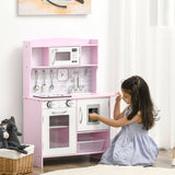 HOMCOM Kids Kitchen Playset, with Lights, Sounds, Microwave, Sink and Storage - Pink