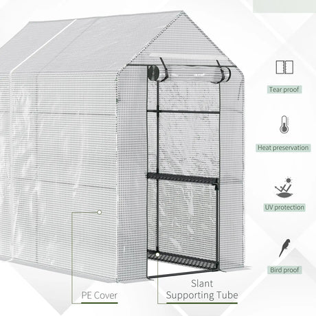 Outsunny Walk In Greenhouse with 2-Tier Shelves, Roll up Zip Panel Door, Garden Polytunnel Steeple Grow House for Outdoor, 6 x 4 x 6ft White