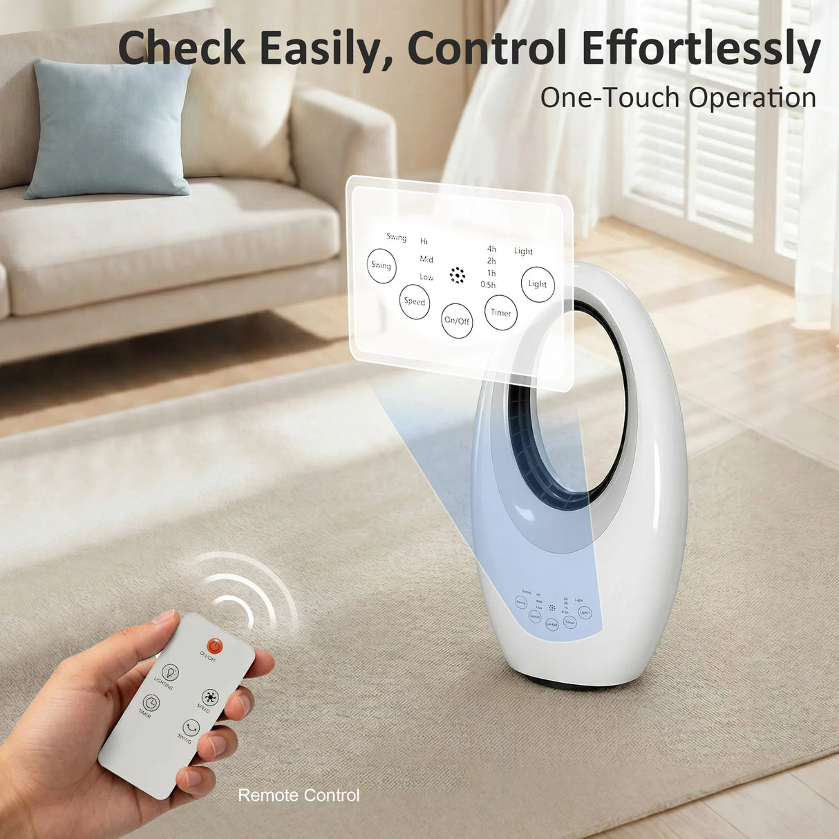 HOMCOM Bladeless Tower Fan, 36dB Standing Cooling Fan with 60 Oscillating, LED Lights, 3 Speeds, 7.5H Timer, Remote Control