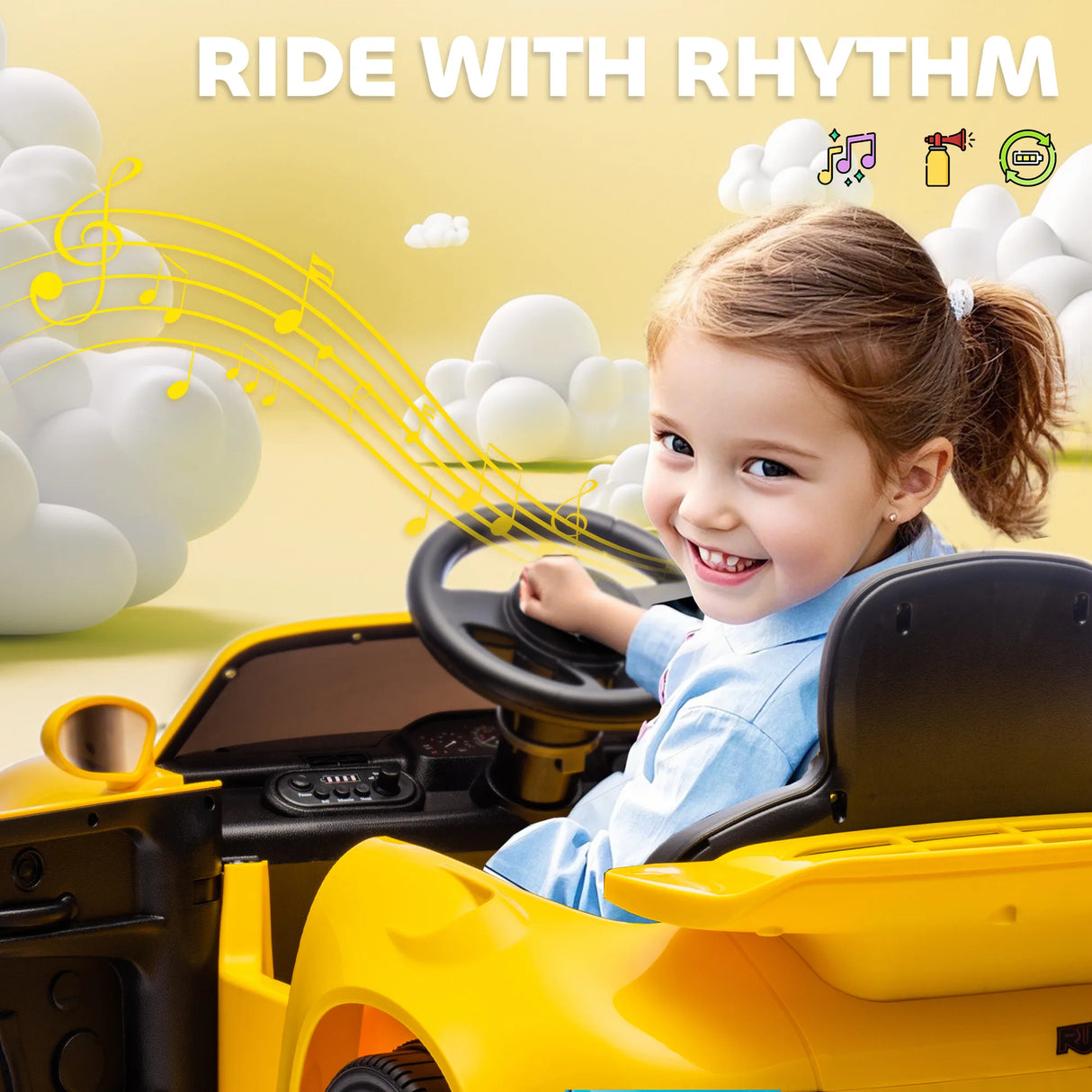 AIYAPLAY Licensed RUF CTR 2017 Electric Car for Kids, with Remote Control, Soft Start, MP3 Player, LED Lights, Yellow