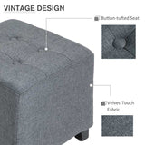 HOMCOM Linen-Look Square Ottoman Footstool w/ Button Tufts Wood Frame Padding Fabric Upholstered Stylish Home Furniture Footrest Side Table Grey