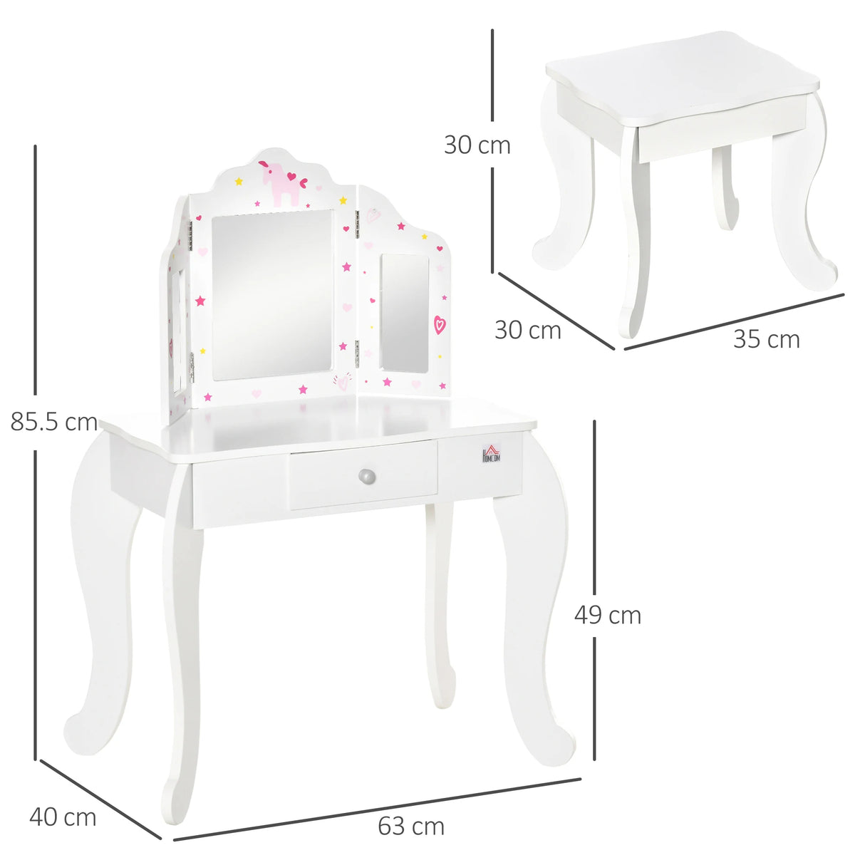 HOMCOM Kids Vanity Table and Chair Set with Tri-Folding Mirror and Stool, Makeup Dressing Table with Drawer, White