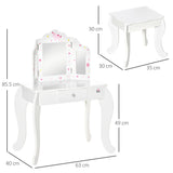 HOMCOM Kids Vanity Table and Chair Set with Tri-Folding Mirror and Stool, Makeup Dressing Table with Drawer, White