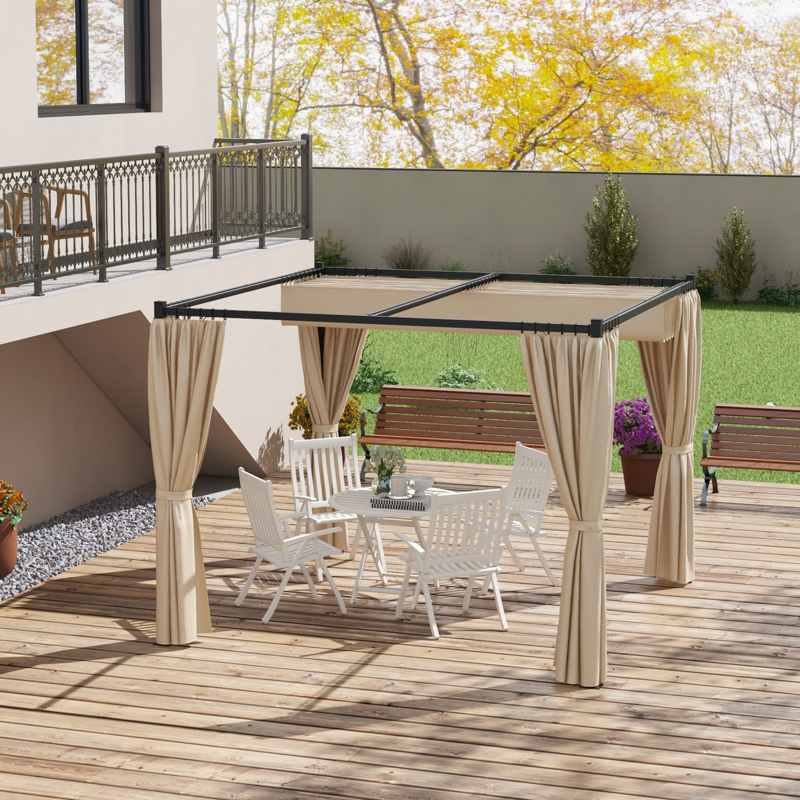 Outsunny 3 x 3(m) Retractable Pergola, Garden Gazebo Shelter with Curtains, for Grill, Patio, Deck, Beige