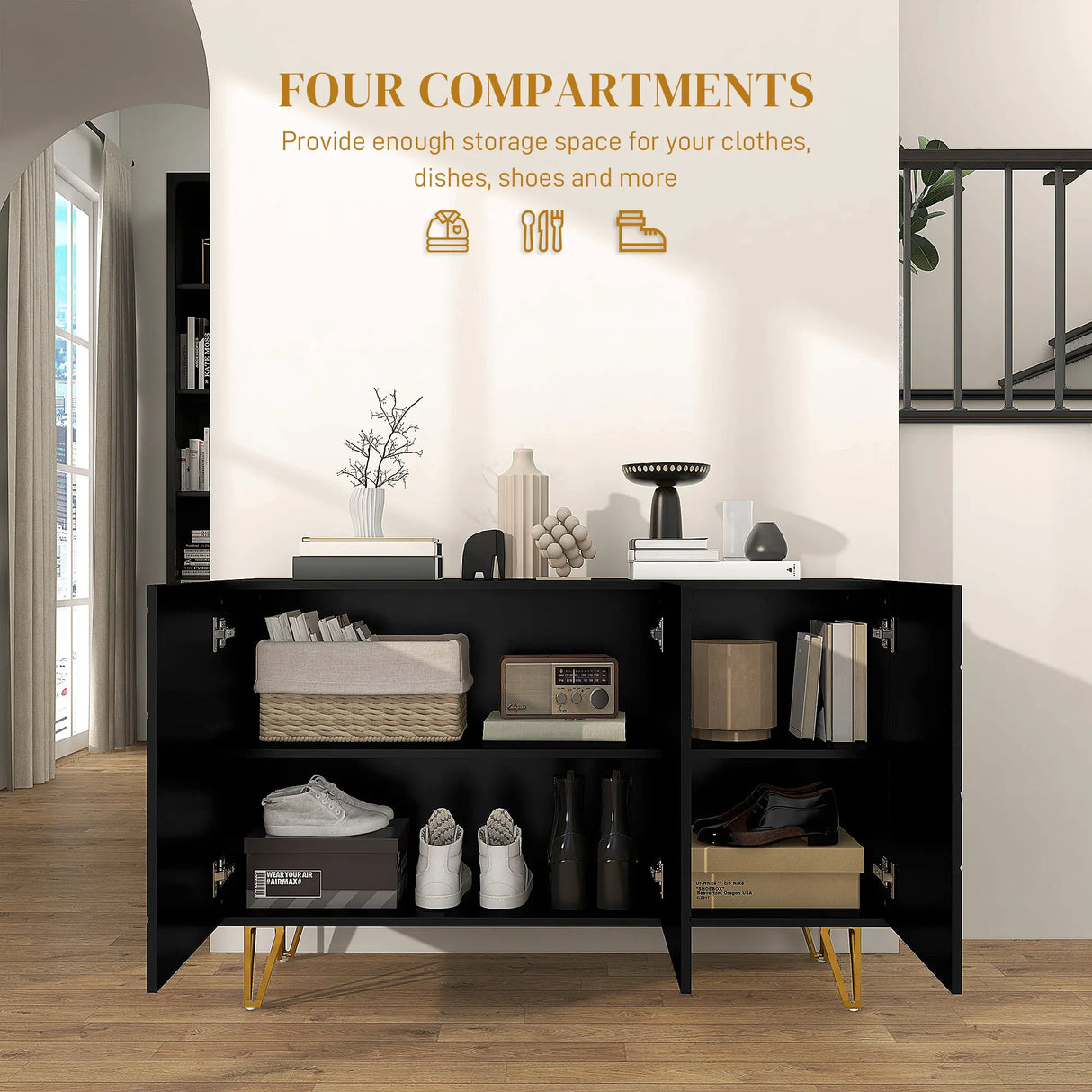 HOMCOM Modern Luxe High Gloss Sideboard, with Hairpin Legs - Black