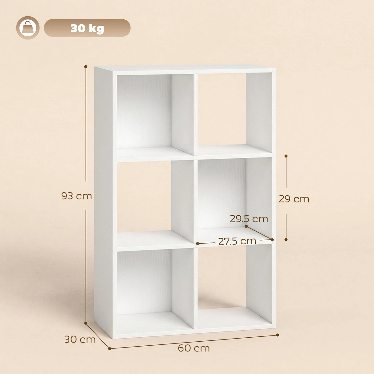 HOMCOM Industrial Style Storage Shelf, Bookcase, Bookshelf with 6 Compartments, for Living Room, Home Study, White Wood Effect