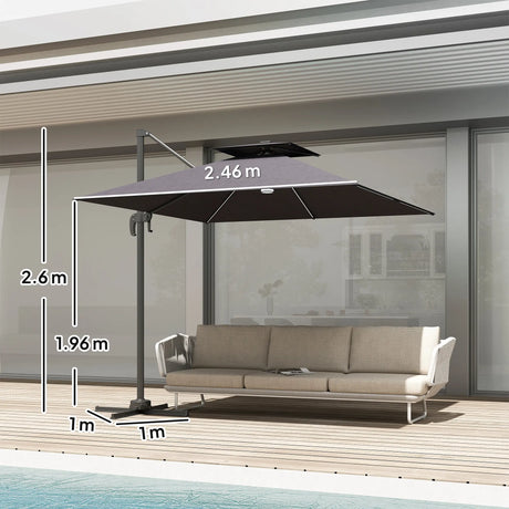 Outsunny 2.5m Cantilever Parasol with Solar Powered LED Lights, 360 Rotation, Tilt Adjustment, Crank Handle, Dark Grey