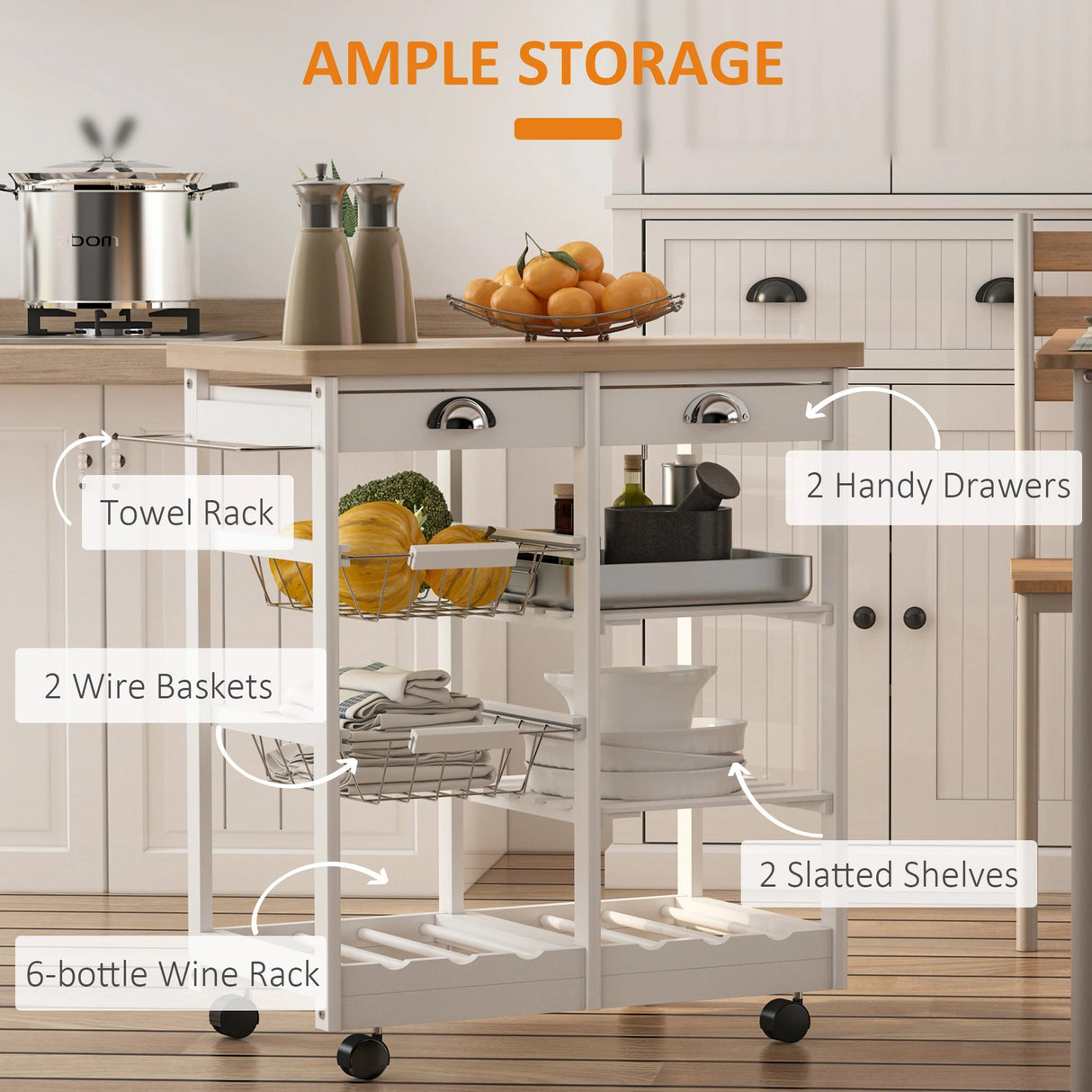 HOMCOM Rolling Kitchen Island Trolley Cart Drawer Shelves Basket Wheels W/  6 Bottle Wine Rack White
