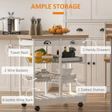 HOMCOM Rolling Kitchen Island Trolley Cart Drawer Shelves Basket Wheels W/  6 Bottle Wine Rack White