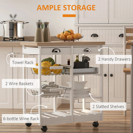 HOMCOM Rolling Kitchen Island Trolley Cart Drawer Shelves Basket Wheels W/  6 Bottle Wine Rack White