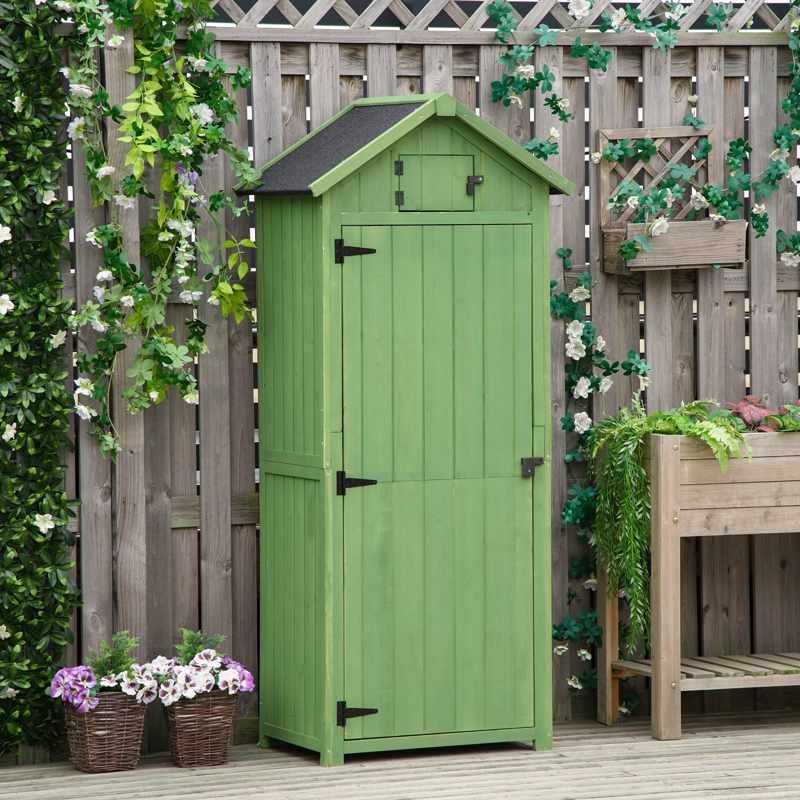 Outsunny Wooden Garden Shed, Utility Outdoor Small Shed with Lockable Double Doors, Shelves and Roof Hatch, Dark Green