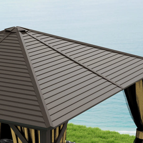 Outsunny 3 x 3(m) Metal Hardtop Gazebo, with Curtains and Accessories - Brown
