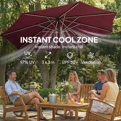 Outsunny 3 m Garden Cantilever Parasol with LED Solar Light, Round Overhanging Umbrella with 360 Rotation, Cover, Wine Red