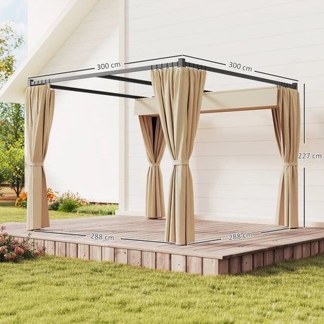 Outsunny 3 x 3(m) Retractable Pergola, Garden Gazebo Shelter with Curtains, for Grill, Patio, Deck, Beige