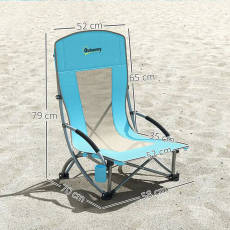 Outsunny Set of 2 Folding Beach Chair, Low Camping Chair with Mesh Back, Carry Bag and Cup Holder for Garden Outdoor Picnic Festival Travel, Blue