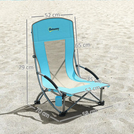 Outsunny Set of 2 Folding Beach Chair, Low Camping Chair with Mesh Back, Carry Bag and Cup Holder for Garden Outdoor Picnic Festival Travel, Blue