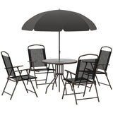 Outsunny 6 Piece Garden Dining Set with Umbrella, Patio Sets with Parasol with 4 Folding Dining Chairs & Round Tempered Glass Table, Black