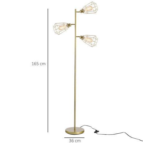 HOMCOM Retro Practical Tree Floor Lamp 3 Angle Adjustable Lampshade Steel Base for Living Room Bedroom Office Gold 165cm