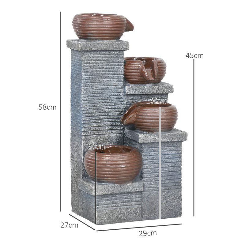 Outsunny Solar Powered Garden Water Feature with LED Lights and Pump, 4 Tier Cascading Water Fountain for Indoor/Outdoor, Bowls Waterfall Ornament, 58cm Height