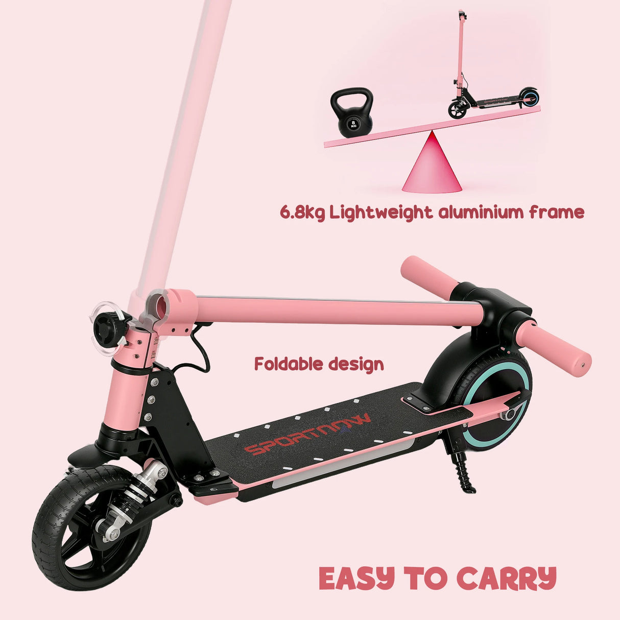 SPORTNOW Folding Electric Scooter for Kids, with Dual Brakes, Front Suspension, LED Colourful Lights, Pink