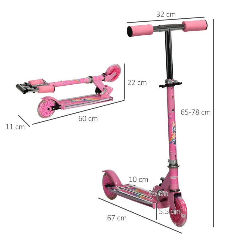 HOMCOM Kids Scooter, with Lights, Music, Adjustable Height, Foldable Frame, for Ages 3-7 Years - Pink