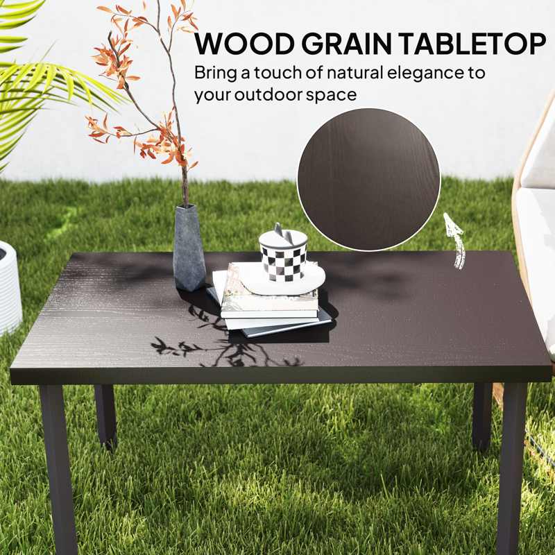 Outsunny Metal Garden Coffee Table, Rectangular Outdoor Side Table with Woodgrain Tabletop, Foot Pads for Outside, Garden, Balcony, Porch, 95 x 55 x 46cm, Brown