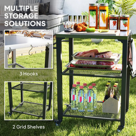 Outsunny Three-Shelf Outdoor Grill Cart with Stainless Steel Top, Outdoor Kitchen Island with 4 Wheels, 3 Hooks, Movable Food Prep Barbecue Pizza Oven Table for Kitchen, Garden, 65.5 x 41 x 79 cm