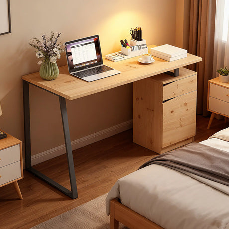 HOMCOM Computer Desk, Writing Desk with Cabinet, Drawer, Metal Legs, Work Table for Home Office Study, Natural Wood Finish