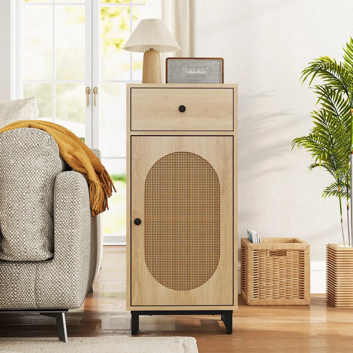 PE Rattan Storage Cabinet with Adjustable Foot Pads and Anti-toppling Kit-Natural