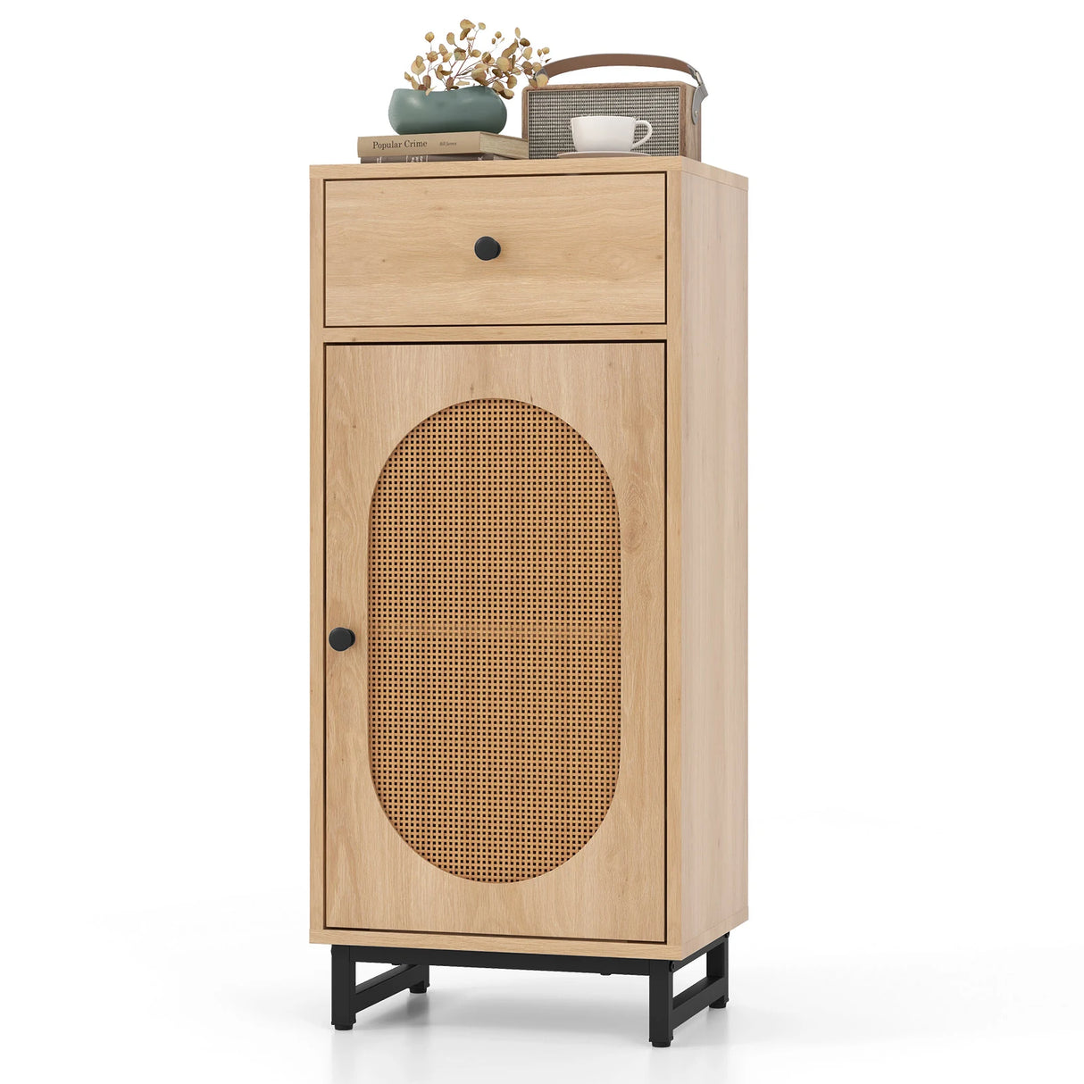 PE Rattan Storage Cabinet with Adjustable Foot Pads and Anti-toppling Kit-Natural